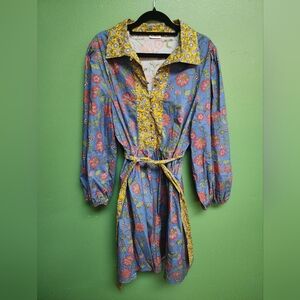 Hermoza Floral Shirt Dress Size Large Blue & Yellow Belted Long Sleeve